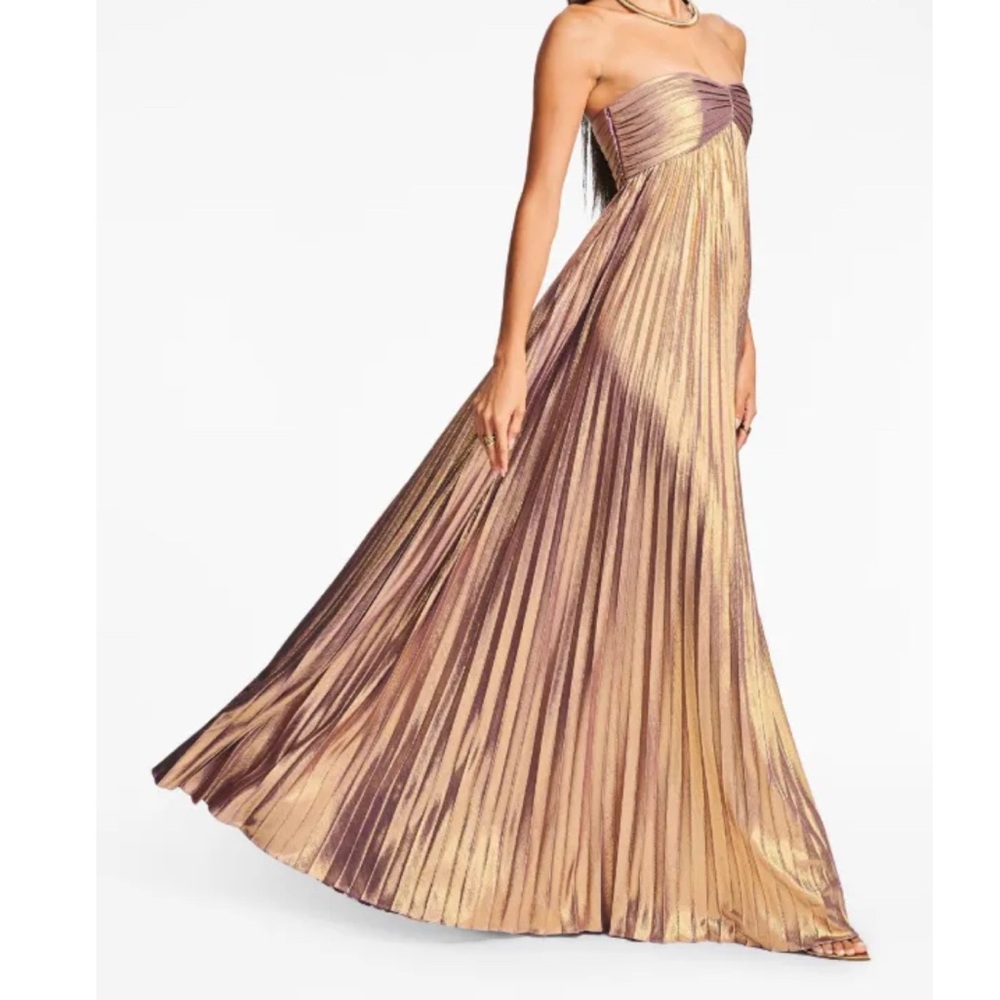 Gold Pleated Strapless  Gown - Picture 2 of 10